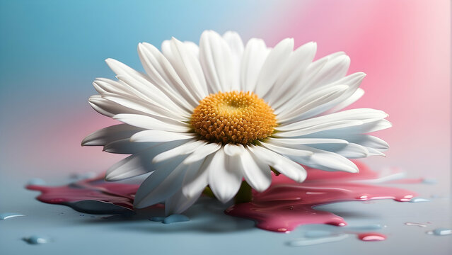 A vivid image of a white daisy with a striking contrast of pink and blue hues, adorned with water droplets
