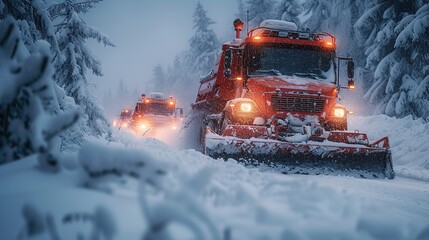 Many snowplows clear the snow on the road in very heavy snow  - obrazy, fototapety, plakaty