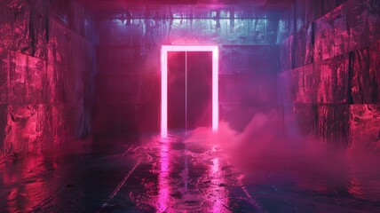 Neon pink doorway in a wet environment - Vibrant neon pink light outlines a door in a dark, drenched scene, conjuring a cyberpunk aesthetic