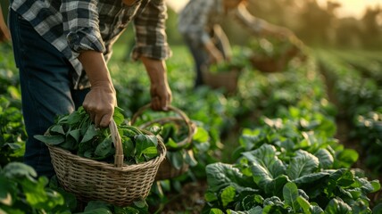Farmers harvesting spinach in field - Workers meticulously gather fresh spinach leaves in wicker baskets during golden hour on a farm, depicting agriculture and food industry