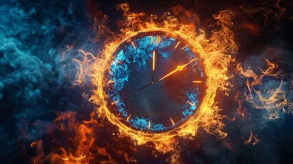 Clock face with fire and blue icy thermodynamic effects - This vibrant image shows a clock face with one half in blue ice and the other in bursting flames, depicting two opposing forces - obrazy, fototapety, plakaty