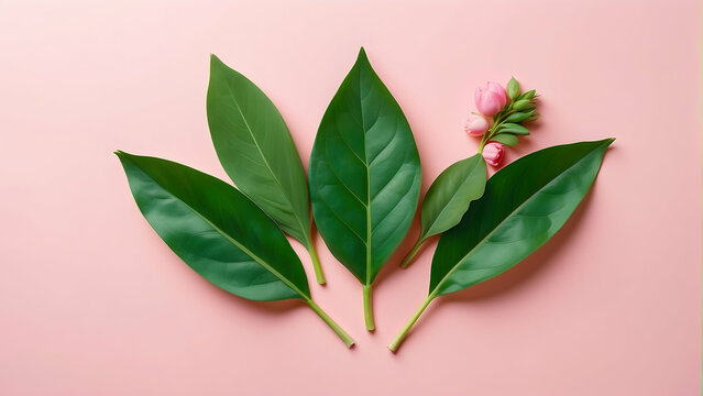 Three vibrant tropical green leaves neatly arranged with small pink flower buds on a pastel pink background