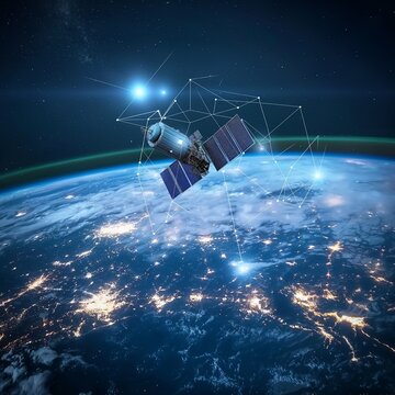 Telecom communication satellite in orbit around the earth, equipped with a gps space orbit services banner and futuristic technology datum hologram information for online and internet connections.