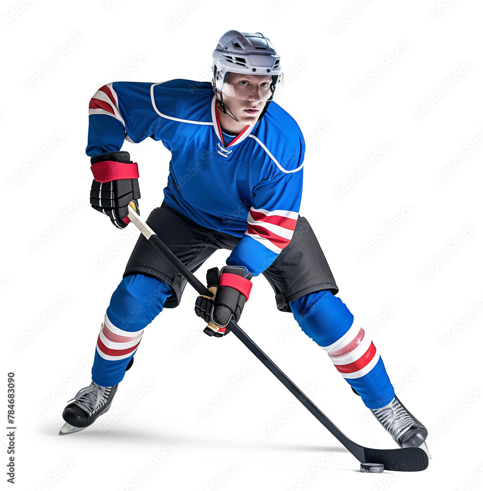 Wall mural pro ice hockey player in active poses holding a hockey stick, isolated background