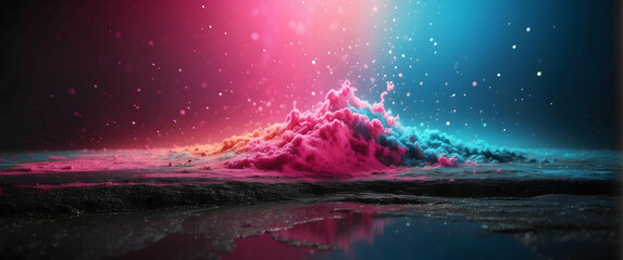 A dramatic scene of vibrant pink and blue hues bursting over a dark, reflective surface symbolizing energy and vibrancy