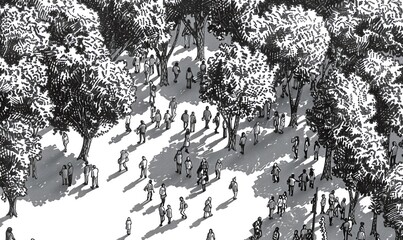 Use a traditional pen and ink technique to create the high-angle view of a crowd of diverse individuals gathered in a serene park, each figure delicately detailed to showcase their unique identities
