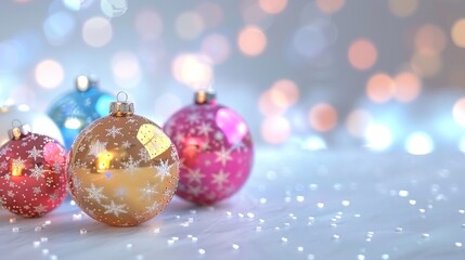 Fototapeta premium Christmas bauble, Baubles on Solid tone Surface. A panoramic image showcasing baubles in vibrant colored tones reflecting a wintry setting placed on a solid surface, creating a cozy holiday scene