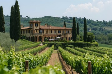 Fototapeta na wymiar A grandiose house, nestled atop a lush green hill, commands attention with its imposing presence, A Tuscan villa surrounded by vineyards, AI Generated