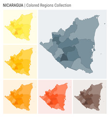 Nicaragua map collection. Country shape with colored regions. Blue Grey, Yellow, Amber, Orange, Deep Orange, Brown color palettes. Border of Nicaragua with provinces for your infographic.