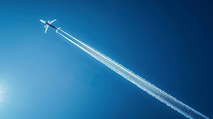 airplane tracks in the air, blue sky background, plane tracks in the sky - obrazy, fototapety, plakaty
