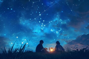 Fototapeta na wymiar Two individuals enjoy the night sky as they relax on the grass beneath a captivating, star-filled expanse, A twilight picnic under a sky filled with heart-shaped constellations, AI Generated