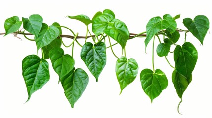 Hanging tropical jungle with heart-shaped green leaves, white background generative ai