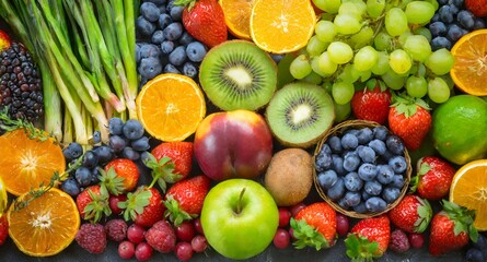 Background of fruits, vegetables and berries. Fresh food 