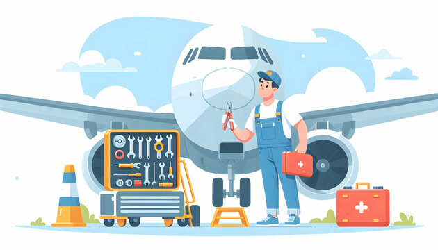 Aviation Maintenance: Aircraft Mechanic Conducts Routine Checks for Airworthiness - Flat Vector Illustration in Candid Daily Environment