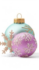 Christmas bauble, Baubles on Solid tone Surface. A panoramic image showcasing baubles in vibrant colored tones reflecting a wintry setting placed on a solid surface, creating a cozy holiday scene