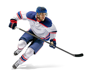Pro ice hockey player in fast action pose on isolated background