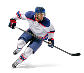 Pro ice hockey player in fast action pose on isolated background