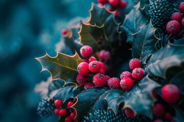 Festive Holly Berries with Frost in Winter Wonderland