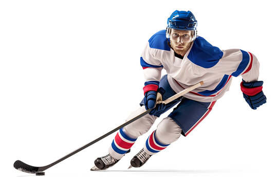 Sprinting ice hockey player in fast motion while dribbling a puck