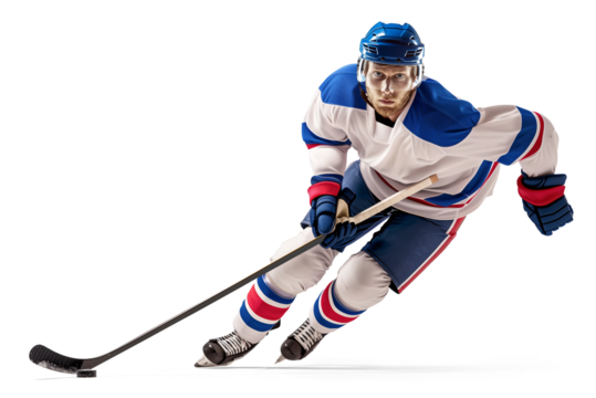 Sprinting ice hockey player in fast motion while dribbling a puck