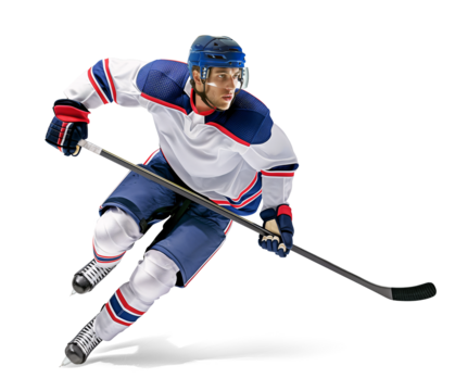 Pro ice hockey player in fast action pose on isolated background