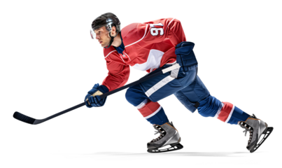 Side view of a pro ice hockey player in fast movement on isolated background