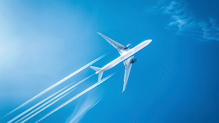 Naklejka na ściany i meble airplane tracks in the air, blue sky background, plane tracks in the sky