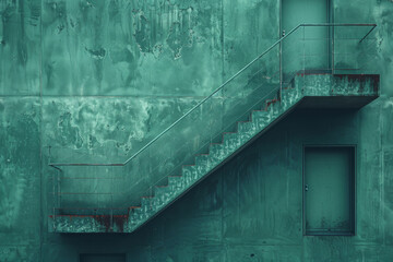 Aged Metal Staircase on Weathered Green Wall