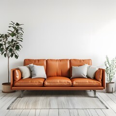 Vibrant Minimalism: Orange Leather Sofa in White Wall Interior
