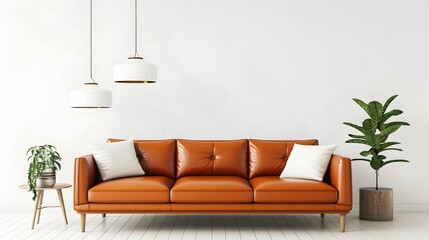 Vibrant Minimalism: Orange Leather Sofa in White Wall Interior