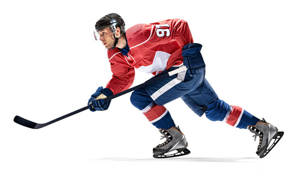 Side view of a pro ice hockey player in fast movement on isolated background