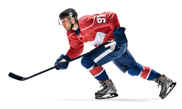 Side view of a pro ice hockey player in fast movement on isolated background