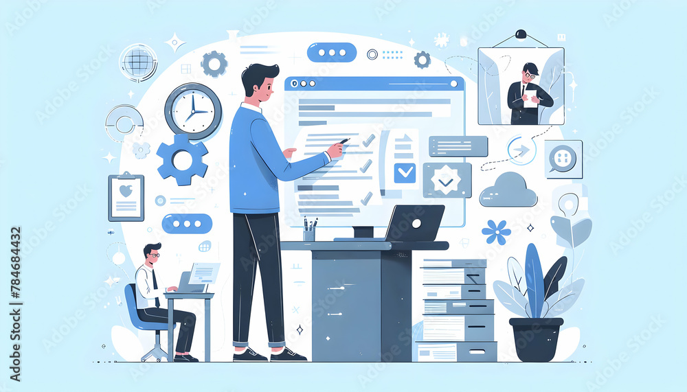 Poster flat vector illustration of it project manager overseeing enterprise software deployment in candid d