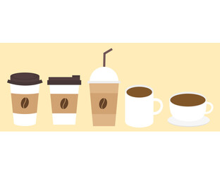 Set of coffee cup and beans.Menu for cafe or restaurant.Drinks or beverage.Espresso, americano, latte and cappuccino.Sign, symbol, icon or logo isolated.Flat design.Cartoon vector illustration.