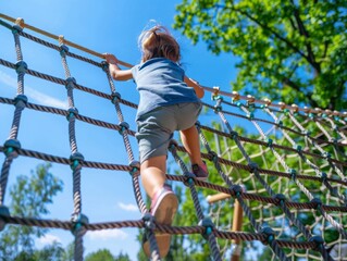 A child climbs up an alpine grid in a park