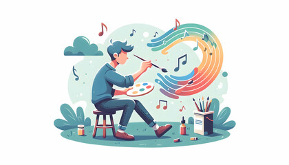 Melody of Colors: A Musician's Rhythmic Strokes in Candid Daily Environment - Simple Flat Vector Illustration