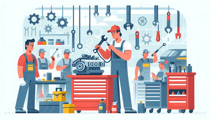 Professional Mechanic Fine-Tuning an Engine with Tools in a Busy Garage - Simple Flat Vector Illustration in Candid Daily Environment Routine Work Theme on Isolated White Background - obrazy, fototapety, plakaty
