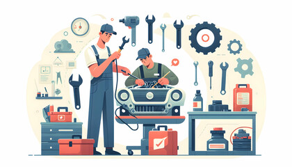 Professional Automotive Mechanic Precision Tuning an Engine with Tools in a Busy Garage - Flat Vector Illustration with Isolated White Background - obrazy, fototapety, plakaty