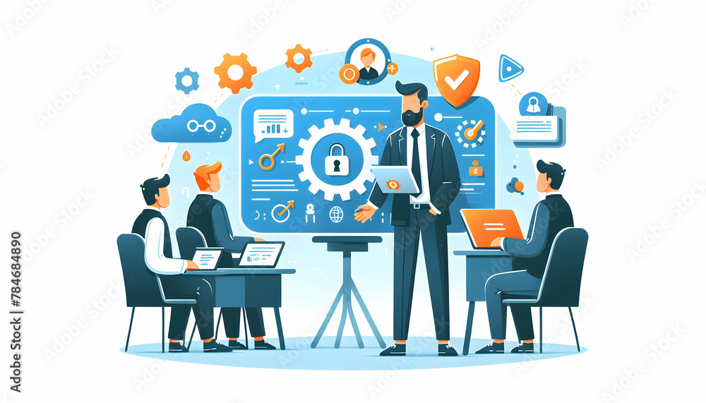 Poster flat vector illustration of it trainer conducting cybersecurity workshop in daily work environment -