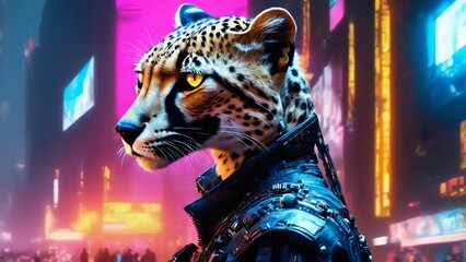 cheetah wear cloths standing in the night cyberpunk image style