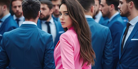 Woman in a bright pink professional business suit standing among a sea of men in blue suits - female executive leadership in business concept