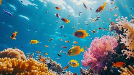 Obraz na płótnie Canvas Explore the vibrant underwater world of a tropical sea, where colorful fish dance amidst vibrant coral reefs. Dive or snorkel to witness the enchanting marine panorama, teeming with life and beauty.