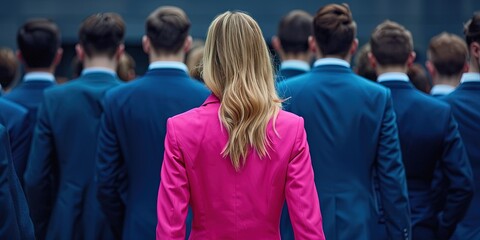 Woman in a bright pink professional business suit standing among a sea of men in blue suits - female executive leadership in business concept