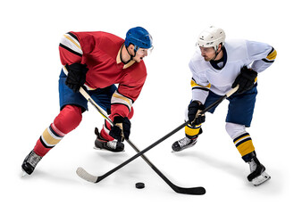 Two competing ice hockey player head to head on isolated background