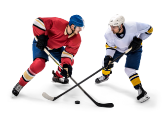 Two competing ice hockey player head to head on isolated background