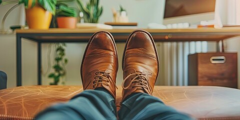feet with brown leather shoes on a desk in the office
