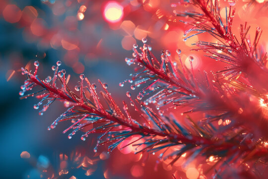 Glistening Water Droplets on Vibrant Red Pine Needles Bokeh Background
