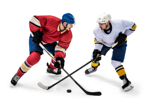Two competing ice hockey player head to head on isolated background