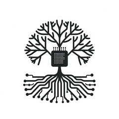 Minimalist monochromatic logo concept with computer chip and tree with roots and branches for sustainable green tech concept
