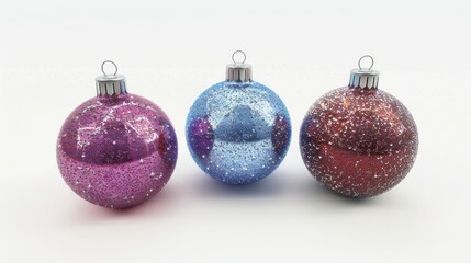 Obraz premium Christmas bauble, Baubles on Solid tone Surface. A panoramic image showcasing baubles in vibrant colored tones reflecting a wintry setting placed on a solid surface, creating a cozy holiday scene